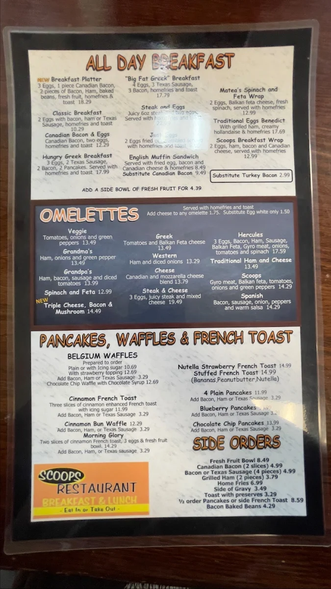 Menu, Scoops Restaurant Breakfast and Lunch