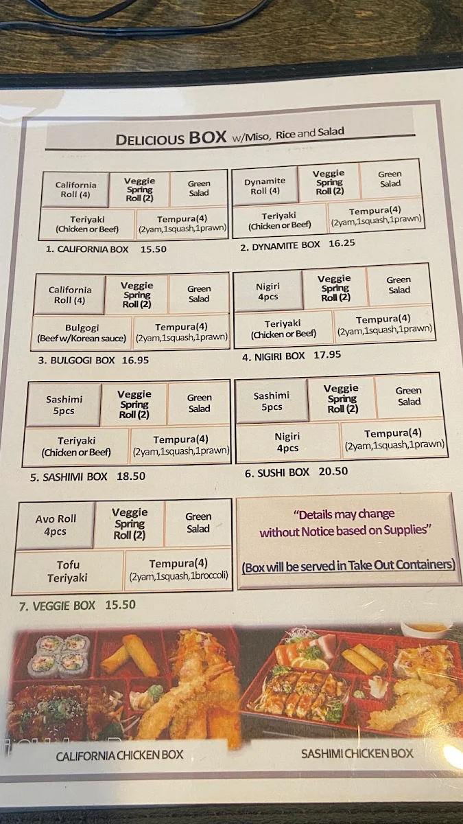 Menu, Sushi Box