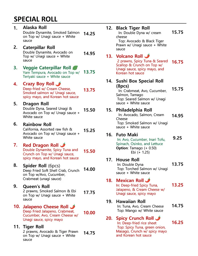 Menu, Sushi Box