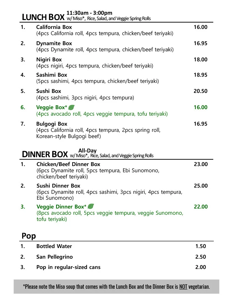 Menu, Sushi Box