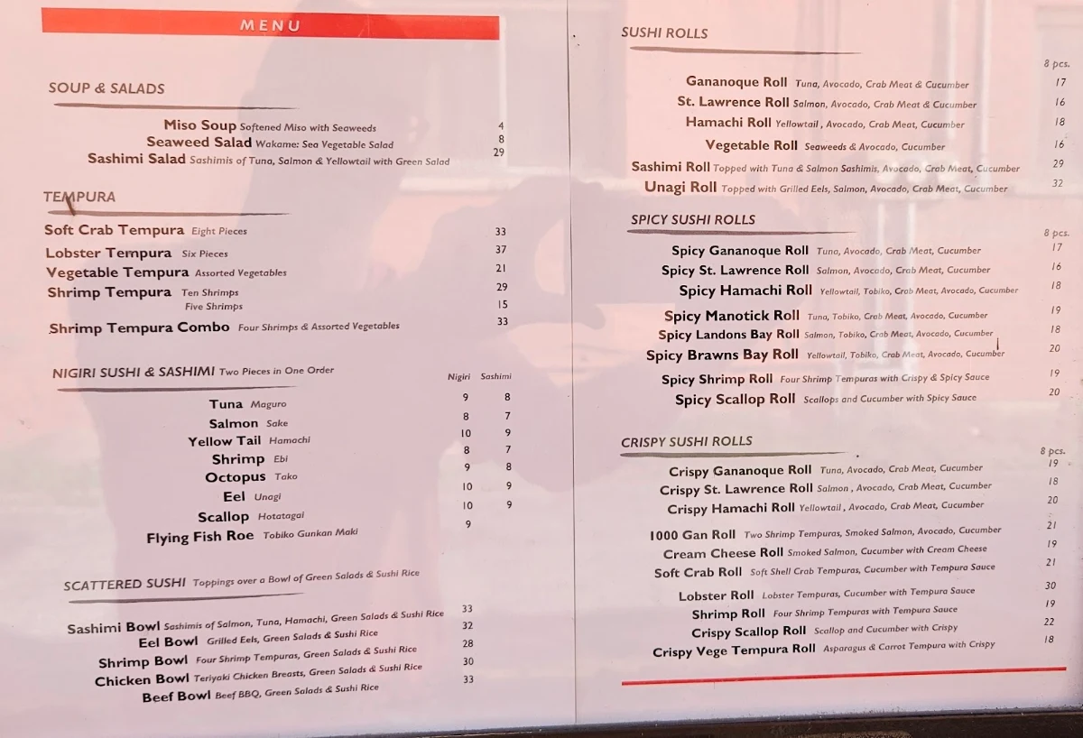 Menu, Sushi Sun Restaurant