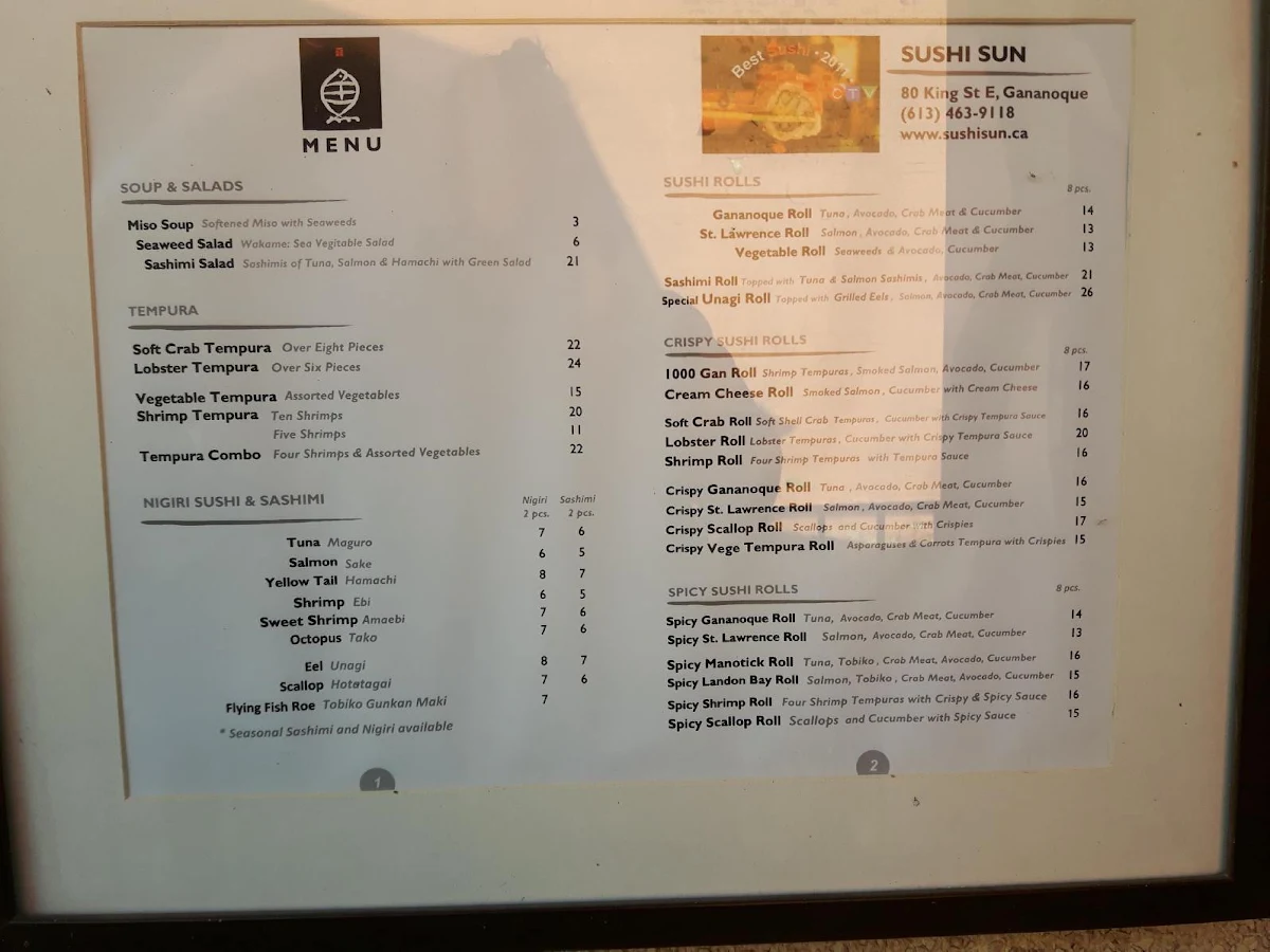 Menu, Sushi Sun Restaurant