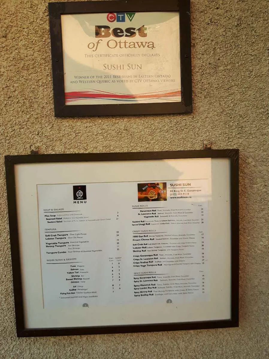Menu, Sushi Sun Restaurant