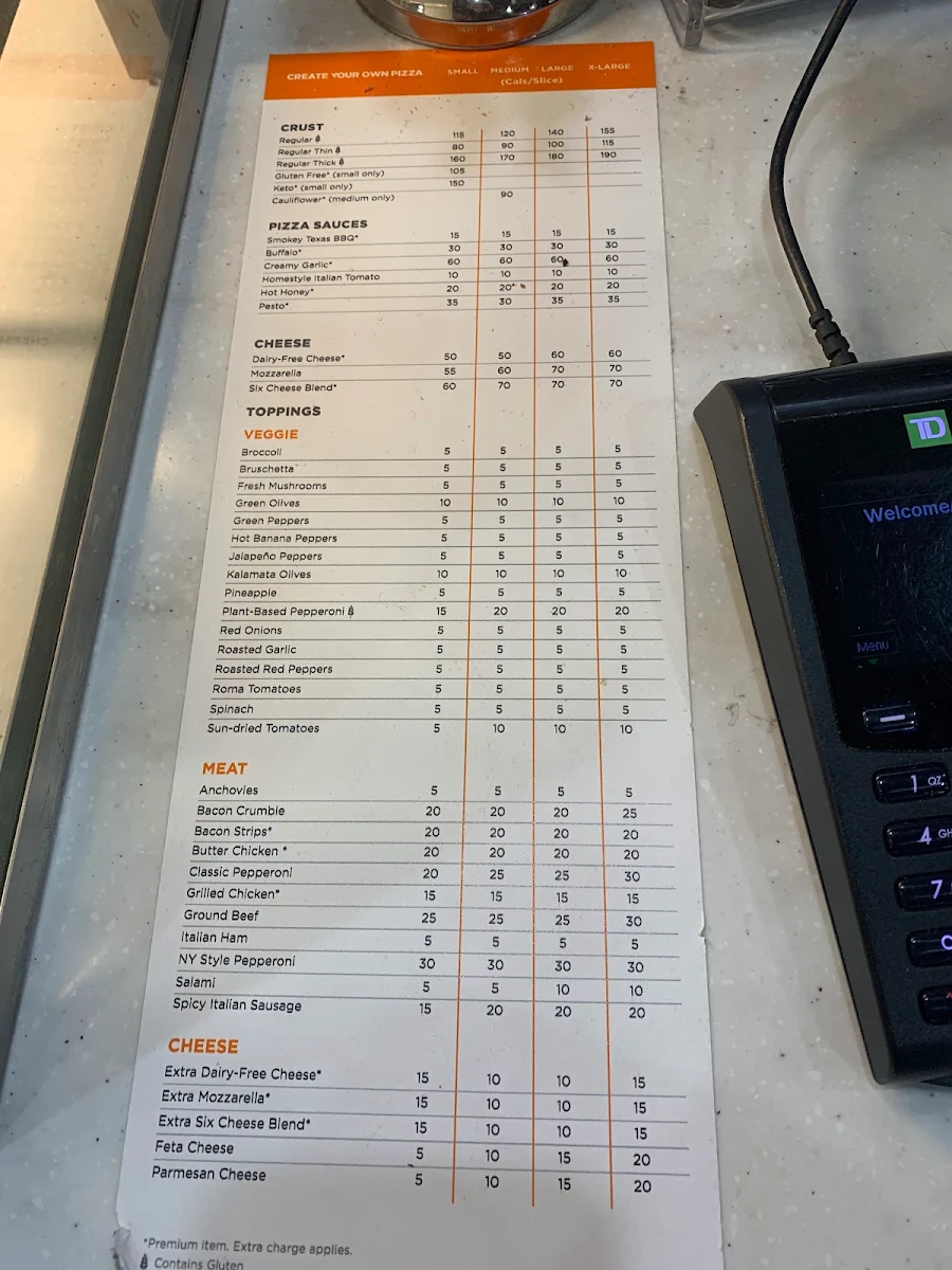 Menu, Pizza Pizza