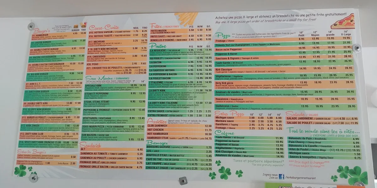 Menu, Kirk's Burgers