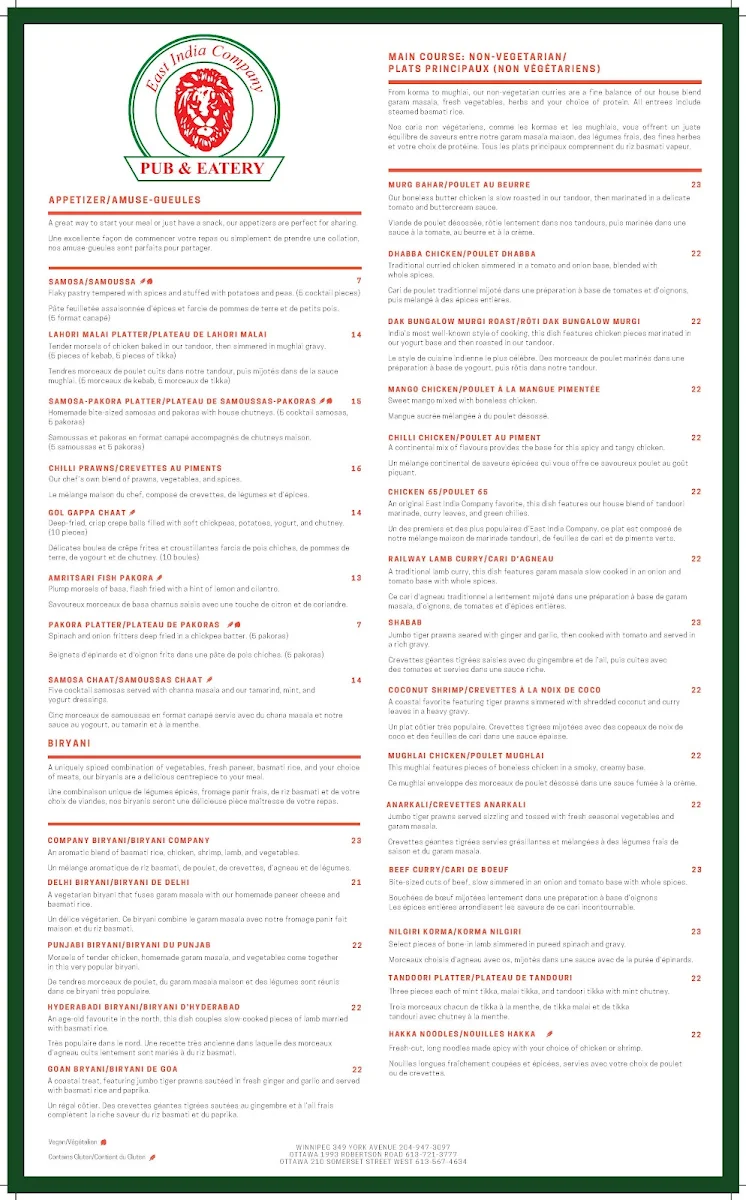 Menu, East India Company Pub & Eatery