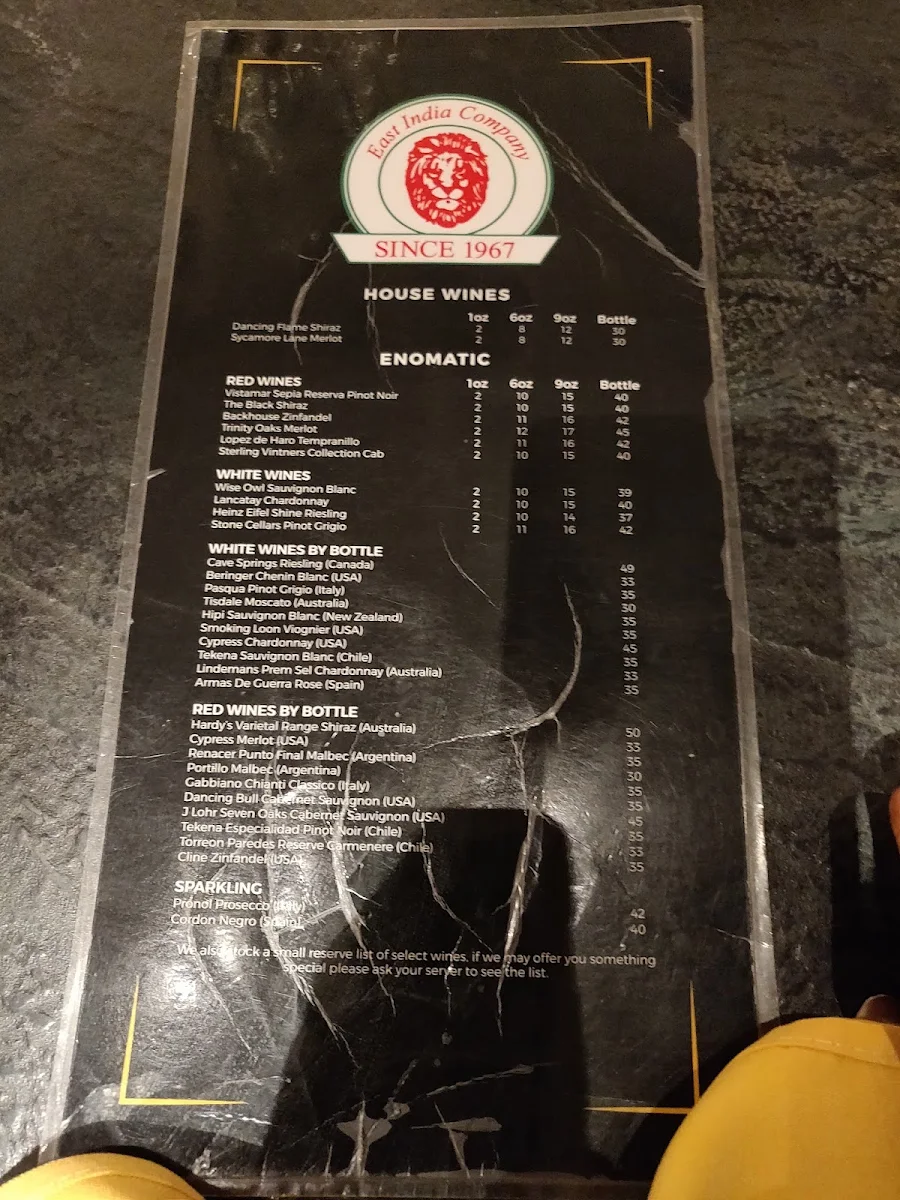 Menu, East India Company Pub & Eatery