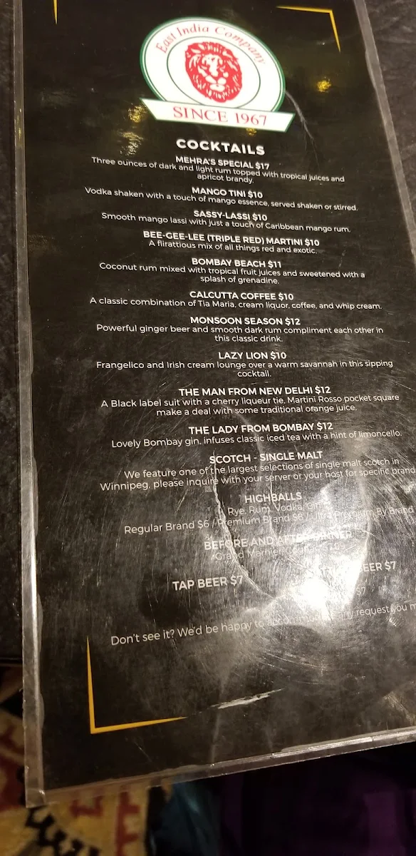 Menu, East India Company Pub & Eatery