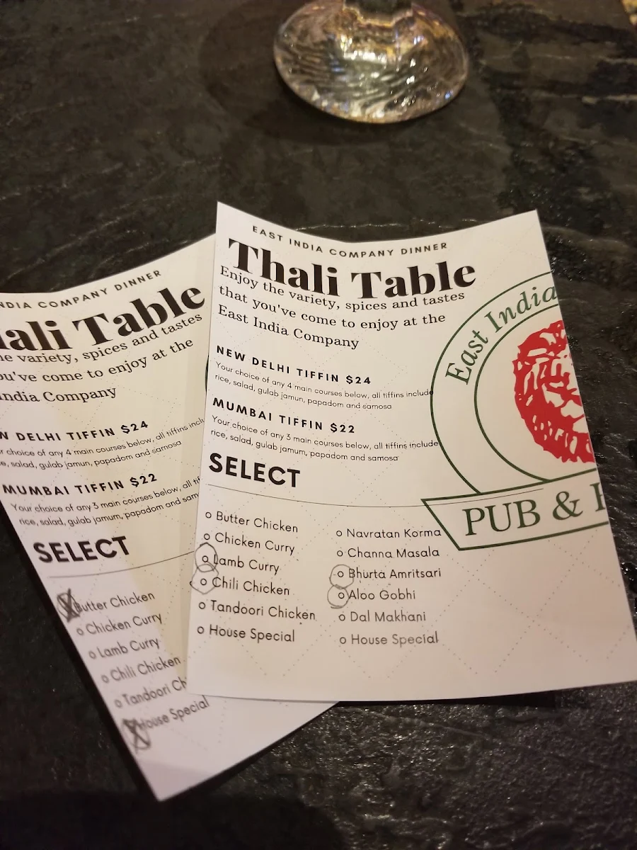 Menu, East India Company Pub & Eatery