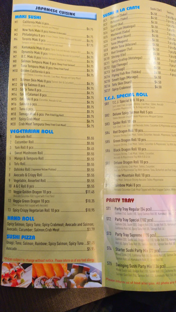 Menu, TCJ Restaurant