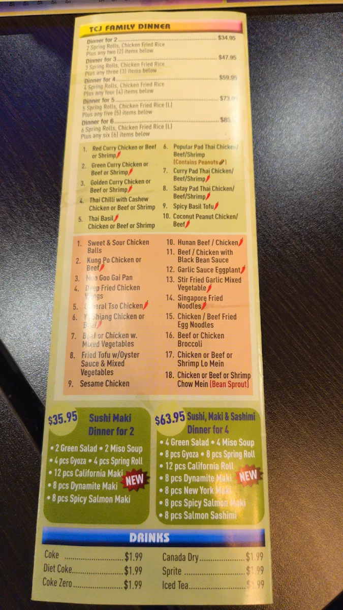 Menu, TCJ Restaurant