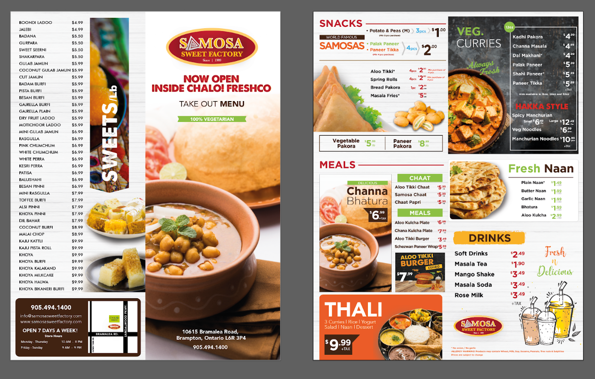 Menu, Samosa and Sweet Factory