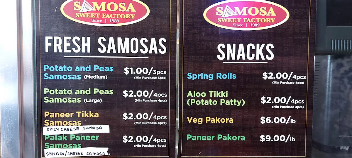 Menu, Samosa and Sweet Factory