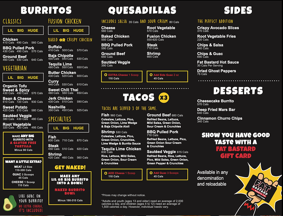 Menu, Fat Bastard Burrito Co.