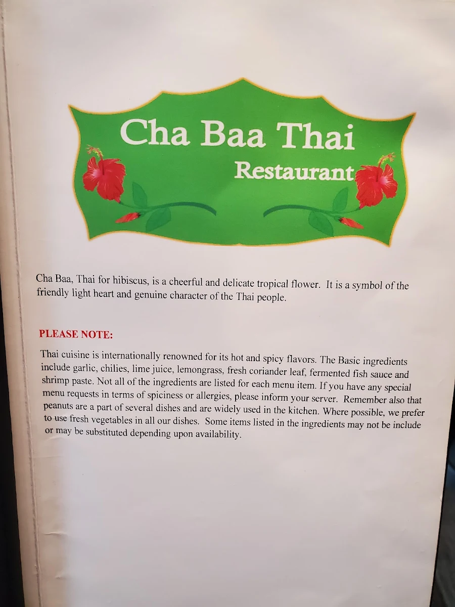 Menu, Cha Baa Thai Restaurant (Bedford)