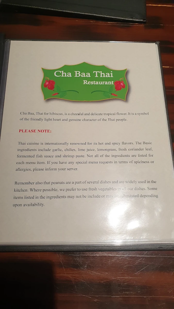 Menu, Cha Baa Thai Restaurant (Bedford)