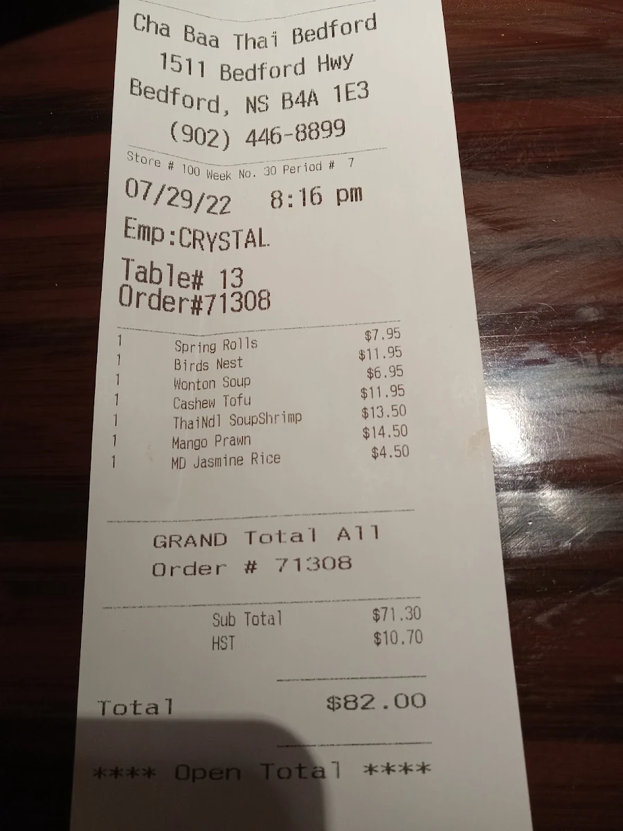 Menu, Cha Baa Thai Restaurant (Bedford)