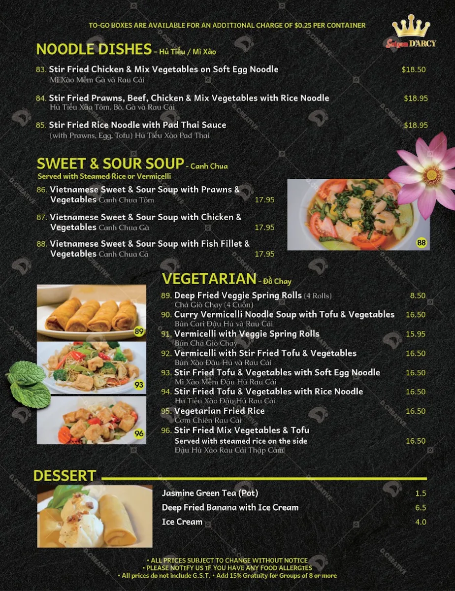 Menu, Saigon D’Arcy Vietnamese Kitchen