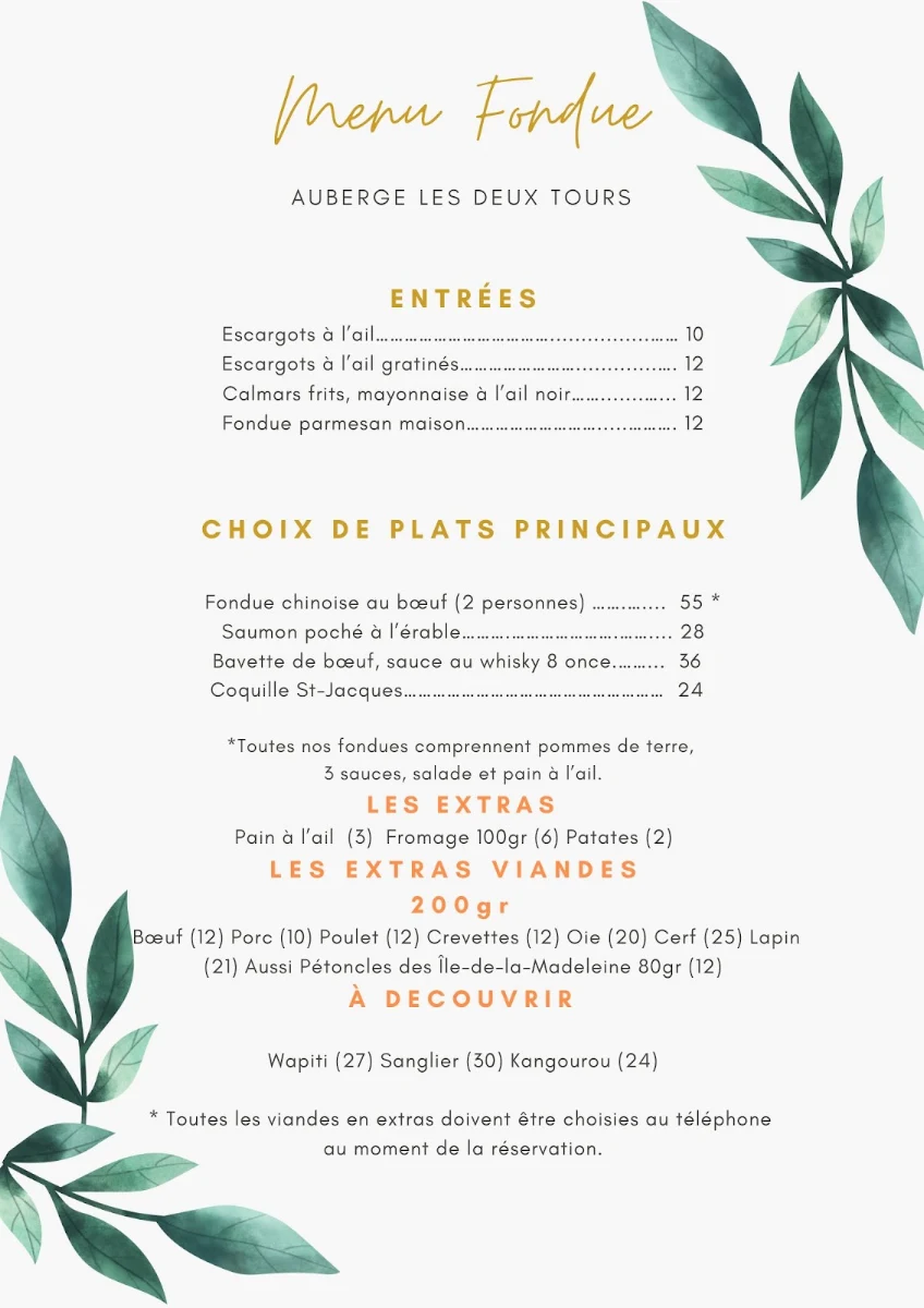 Menu, Restaurant Les Deux Tours