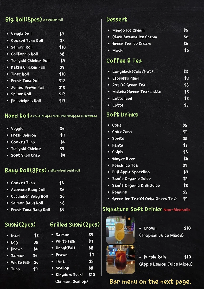 Menu, Kingdom Sushi Bar Springwood