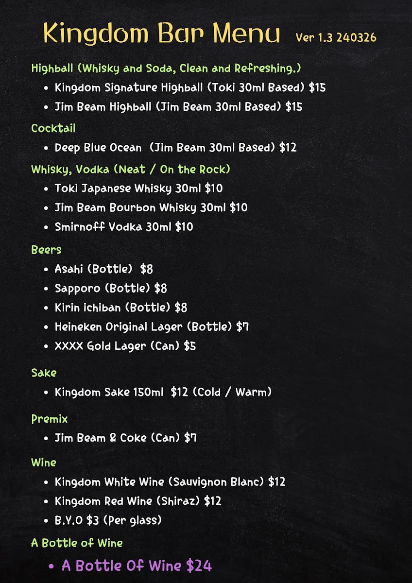 Menu, Kingdom Sushi Bar Springwood