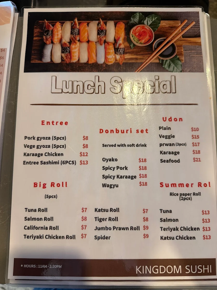 Menu, Kingdom Sushi Bar Springwood
