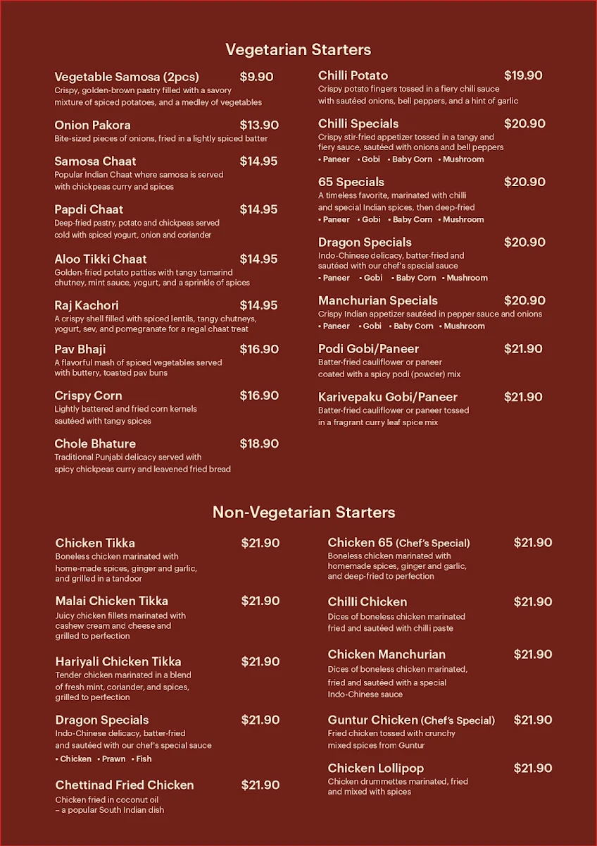 Menu, Chilli India Preston