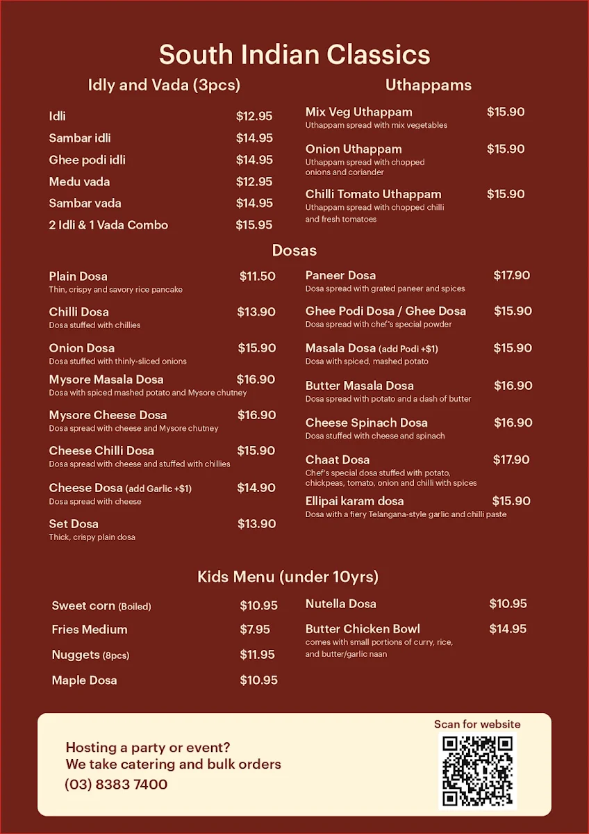 Menu, Chilli India Preston