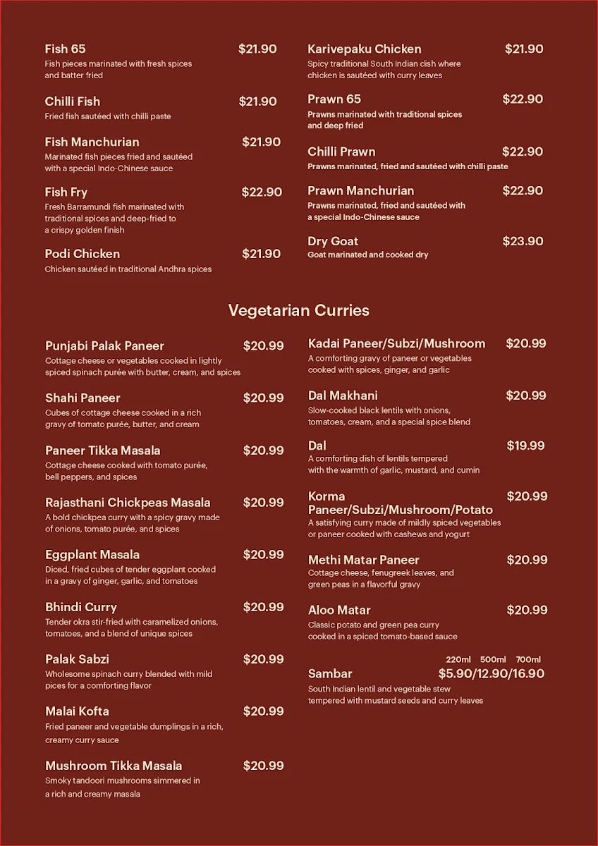Menu, Chilli India Preston