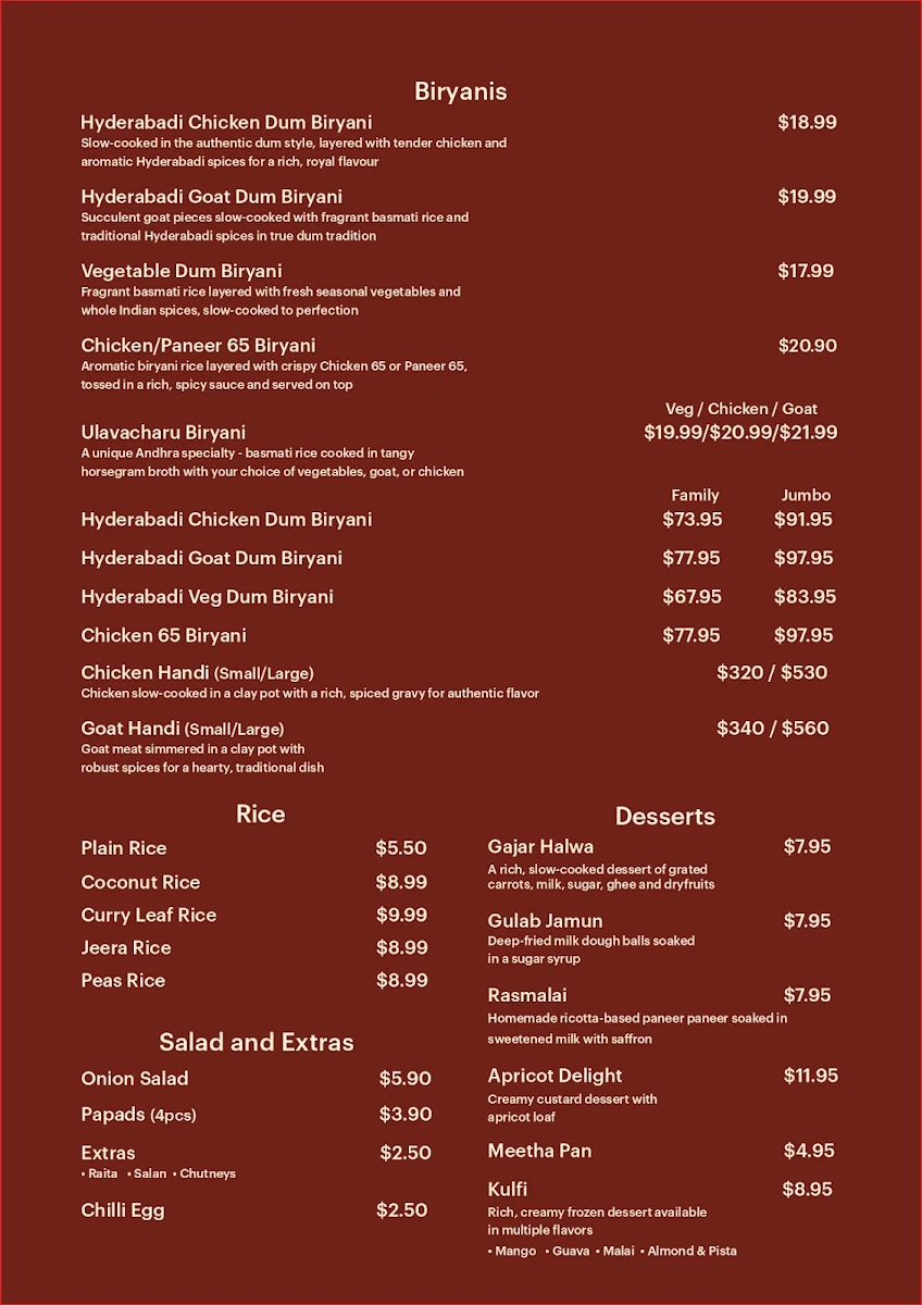 Menu, Chilli India Preston