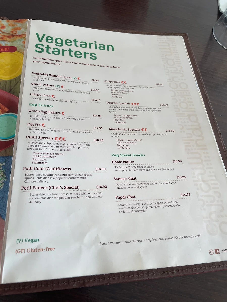 Menu, Chilli India Preston