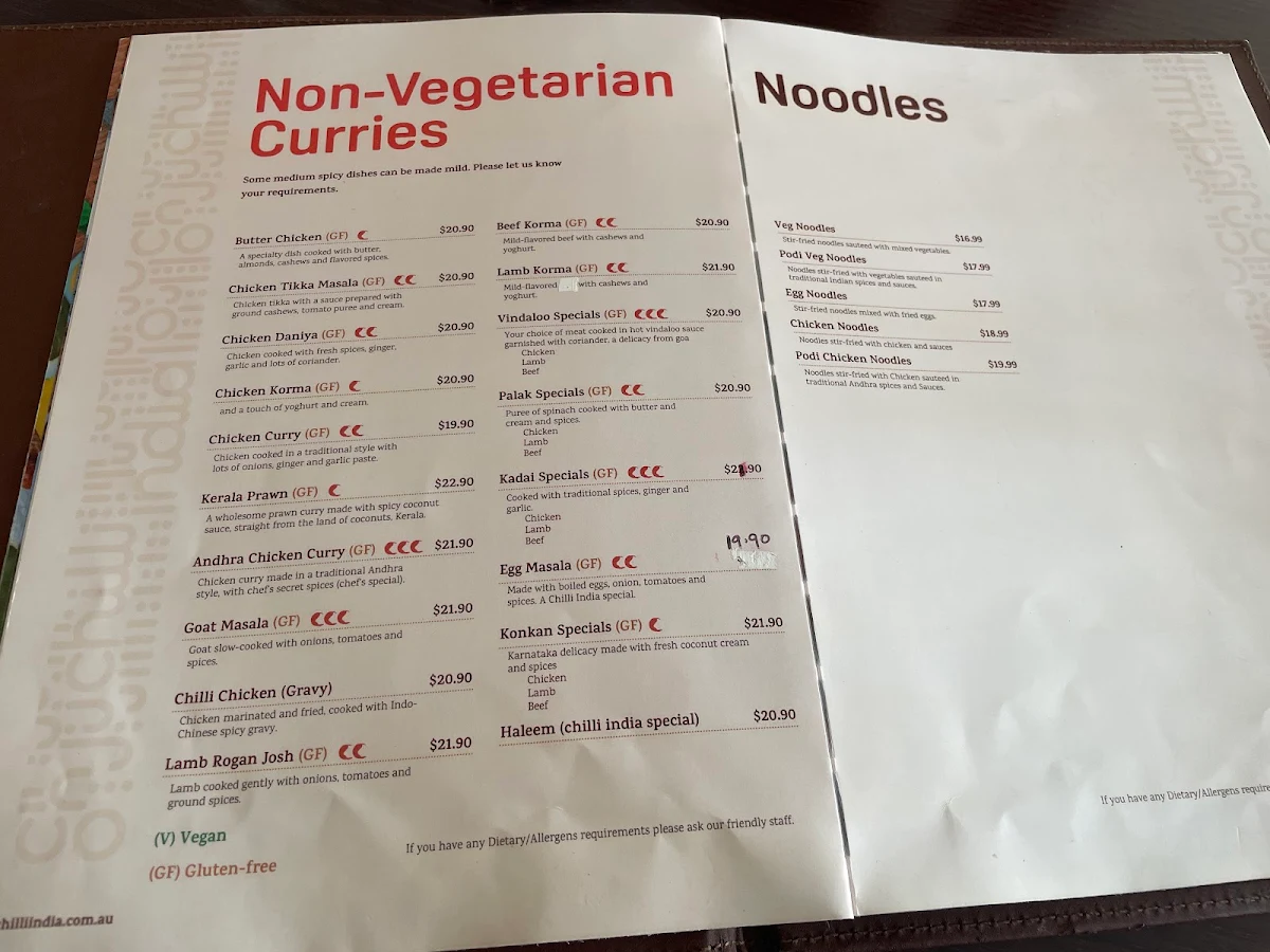 Menu, Chilli India Preston
