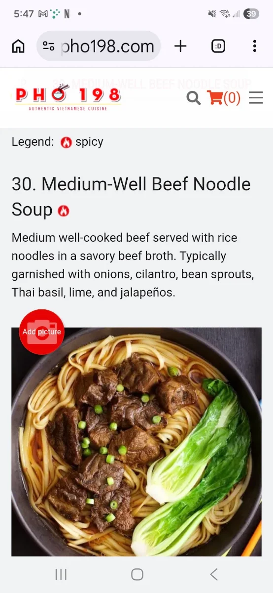 Menu, Pho 198