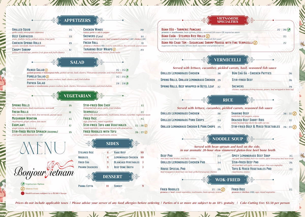 Menu, Bonjour Vietnam Bistro & Cocktail Bar