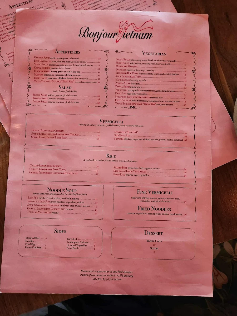 Menu, Bonjour Vietnam Bistro & Cocktail Bar