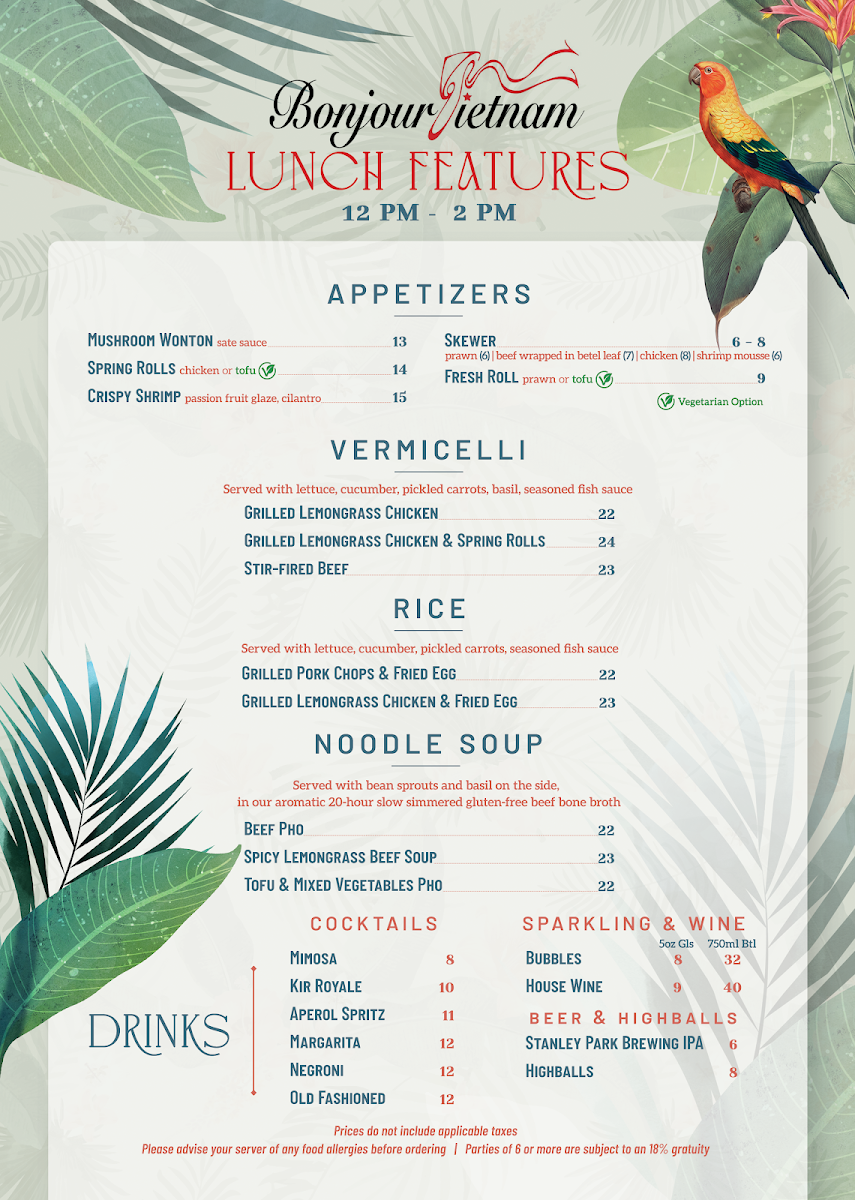 Menu, Bonjour Vietnam Bistro & Cocktail Bar