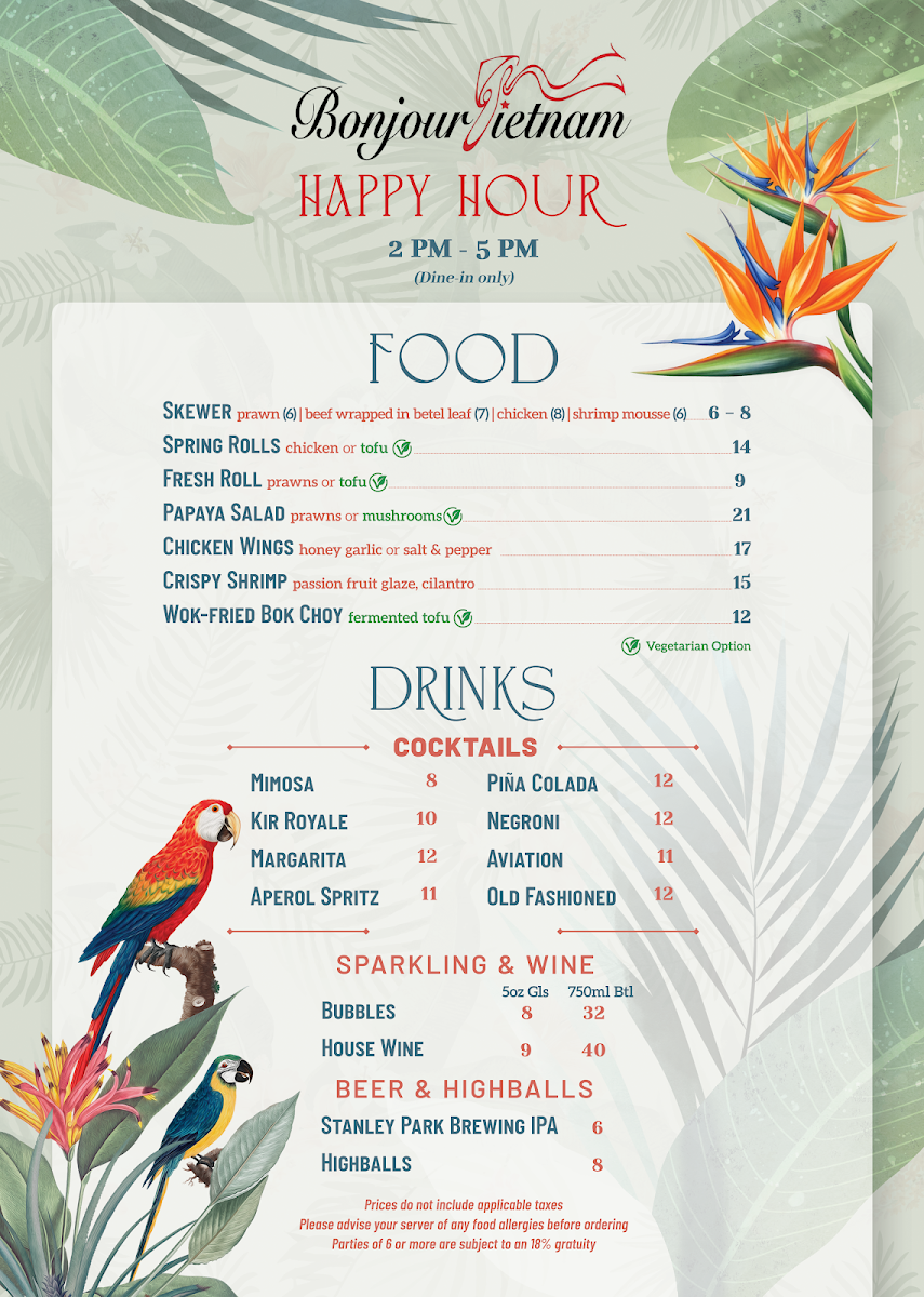 Menu, Bonjour Vietnam Bistro & Cocktail Bar