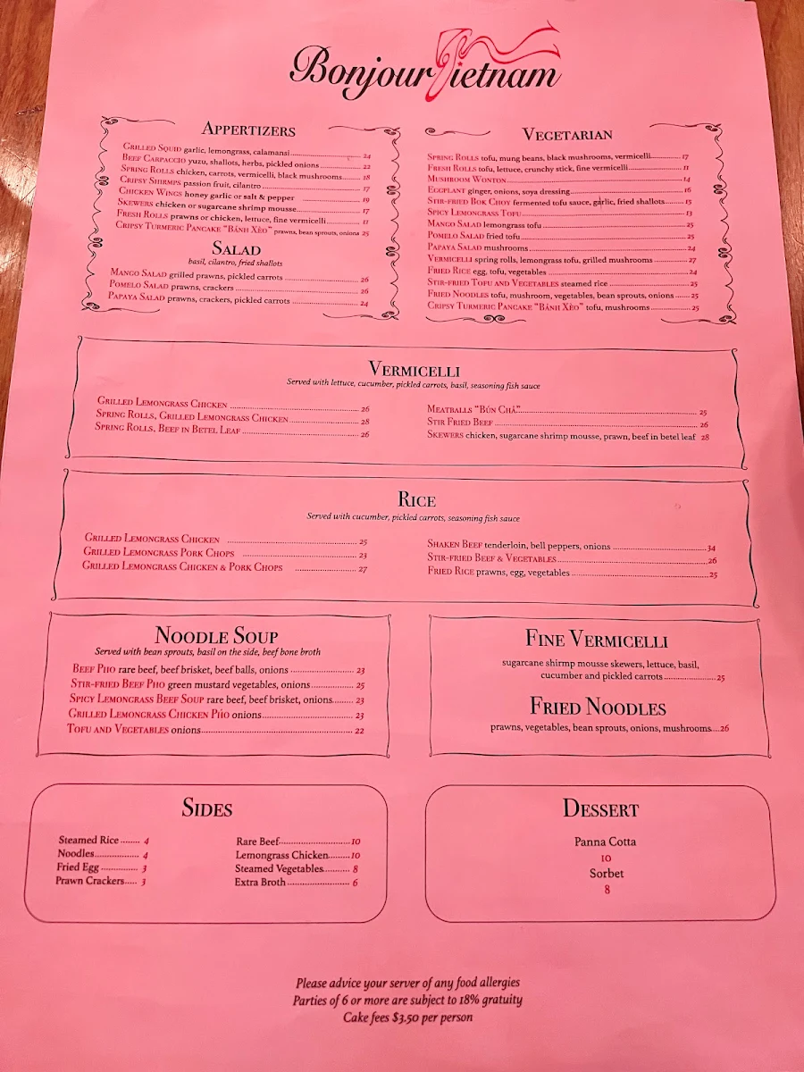 Menu, Bonjour Vietnam Bistro & Cocktail Bar