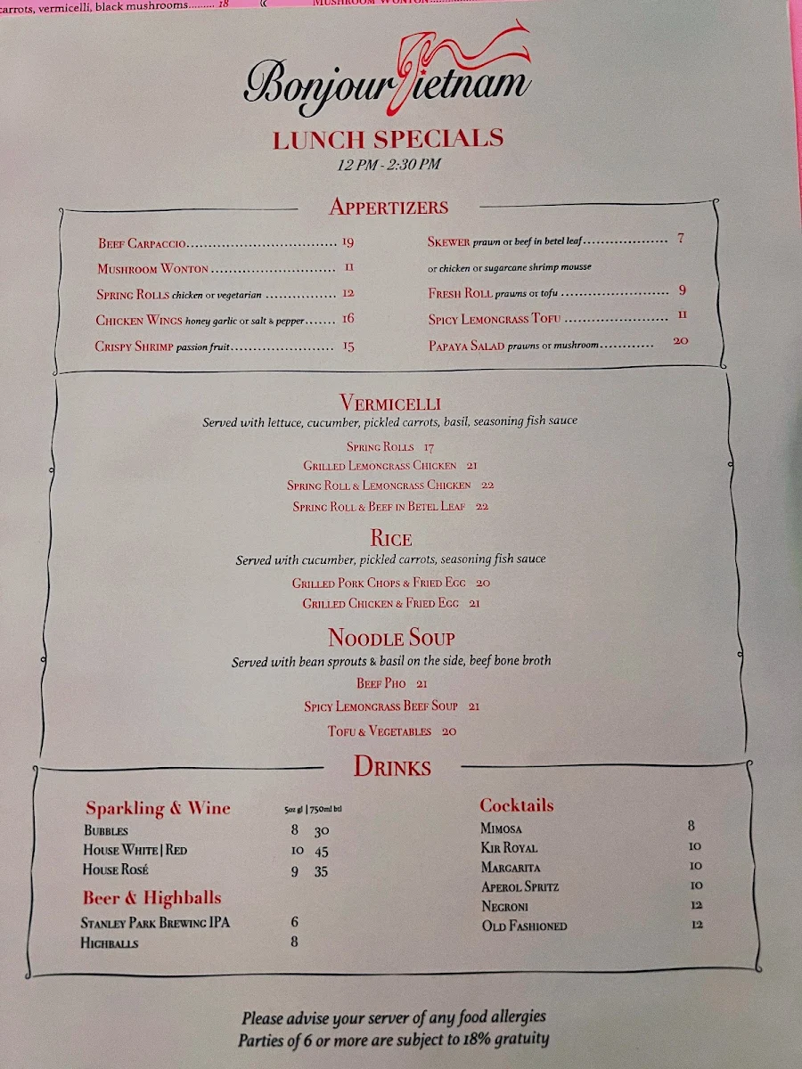 Menu, Bonjour Vietnam Bistro & Cocktail Bar