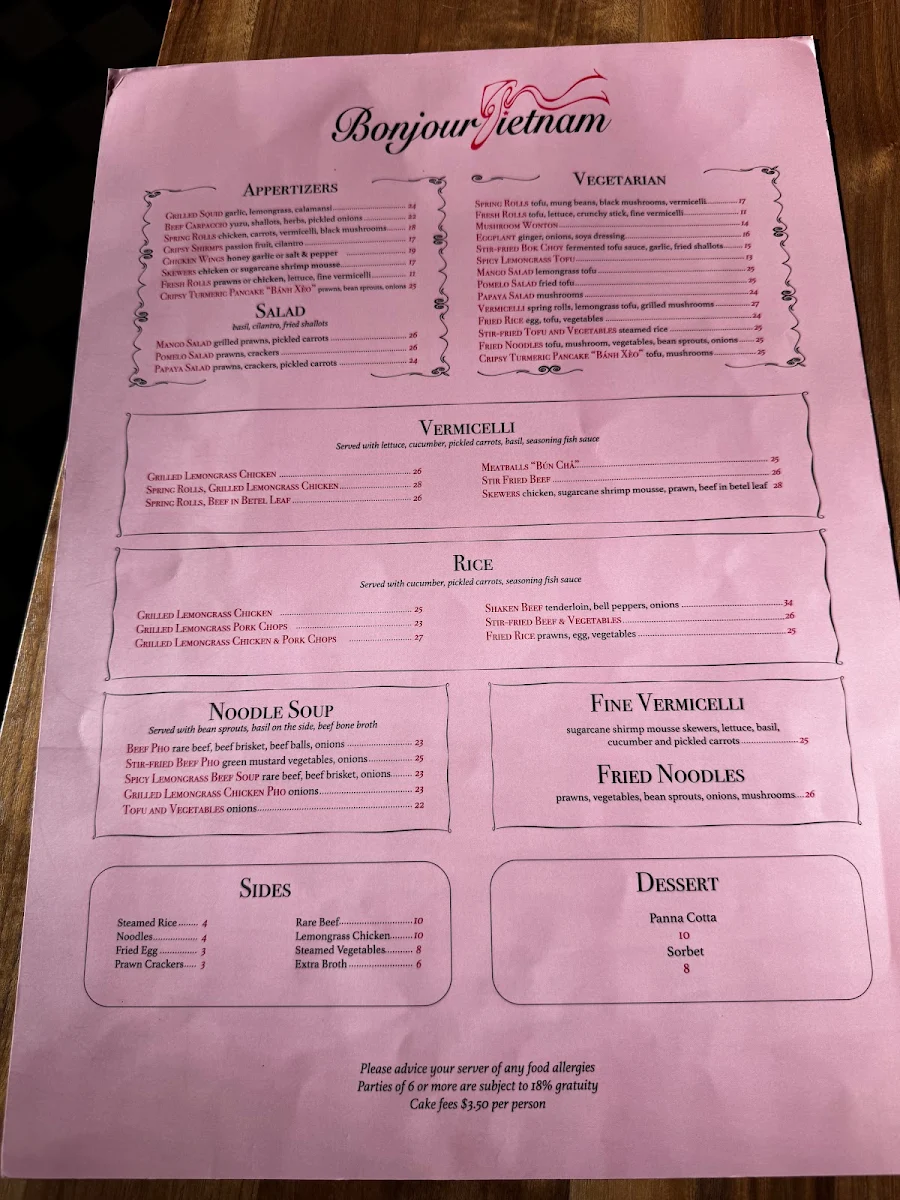 Menu, Bonjour Vietnam Bistro & Cocktail Bar