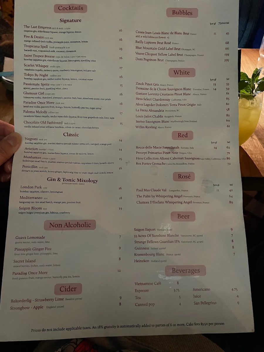 Menu, Bonjour Vietnam Bistro & Cocktail Bar