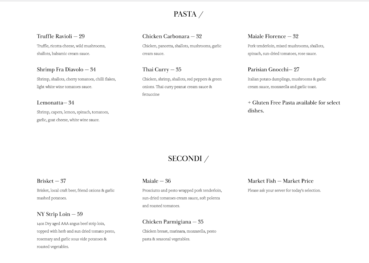 Menu, Lilly's Italian Eatery