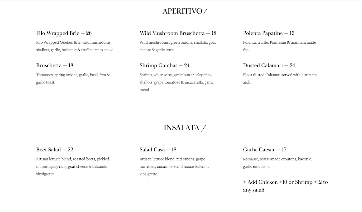 Menu, Lilly's Italian Eatery