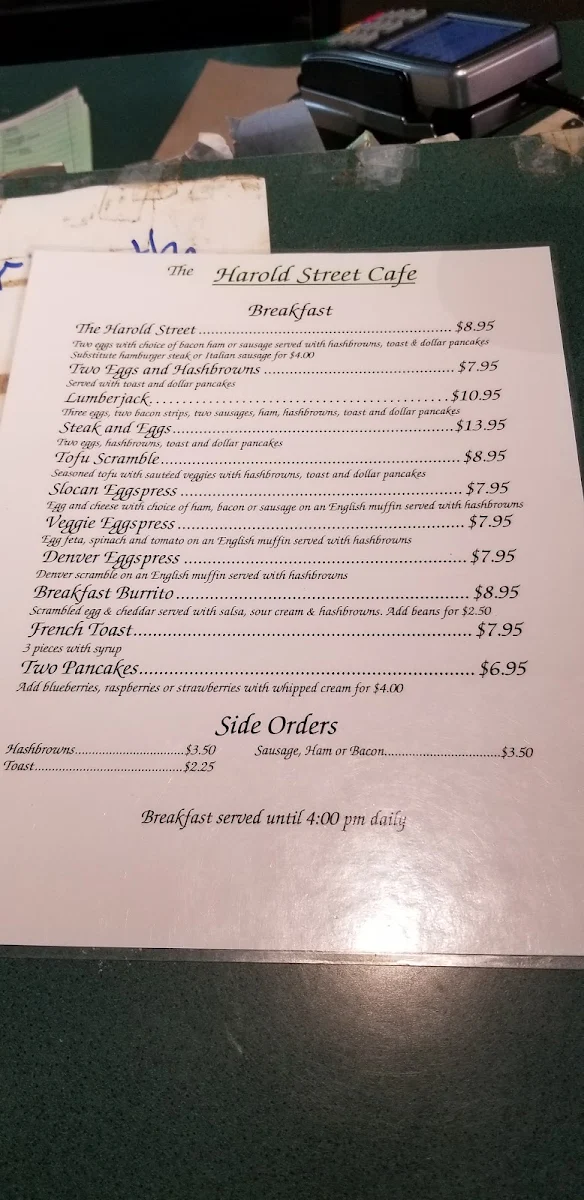 Menu, Harold Street Cafe