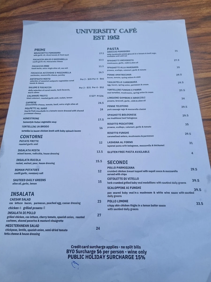 Menu, University Cafe