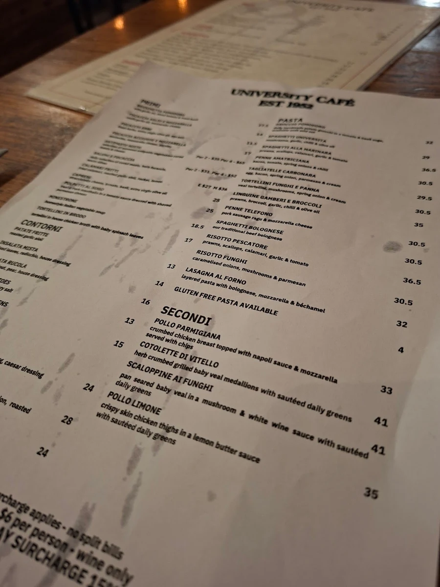 Menu, University Cafe