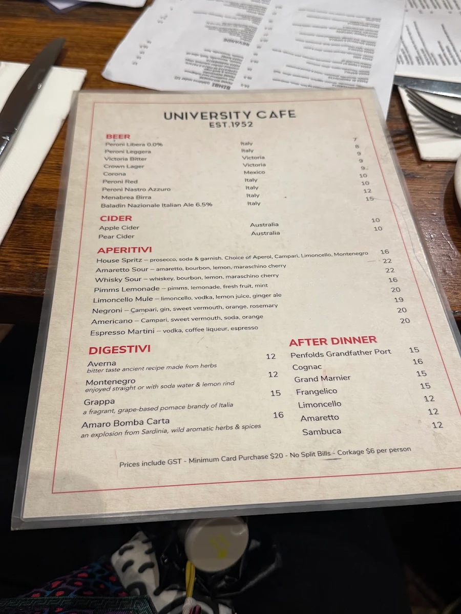 Menu, University Cafe