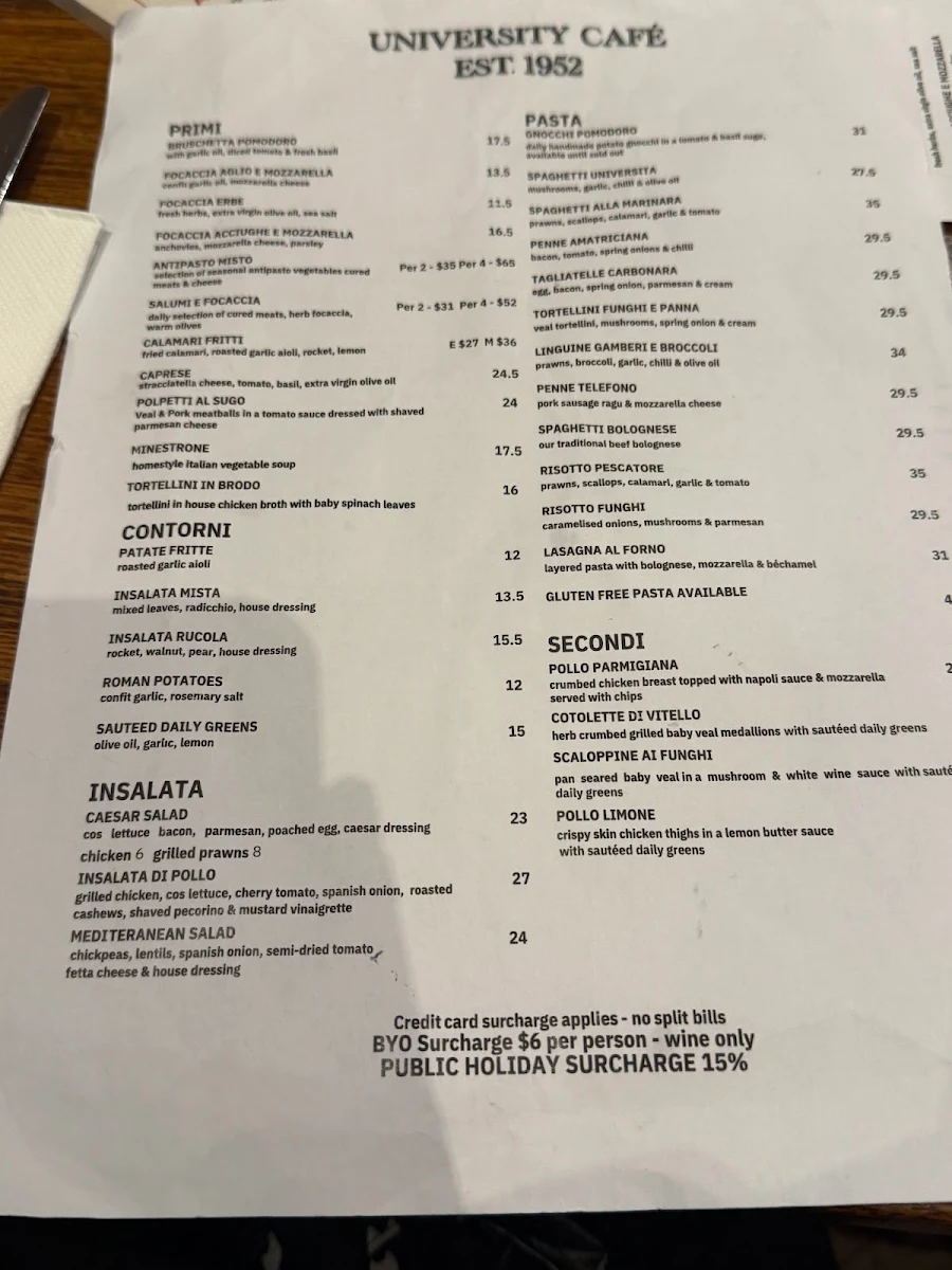 Menu, University Cafe