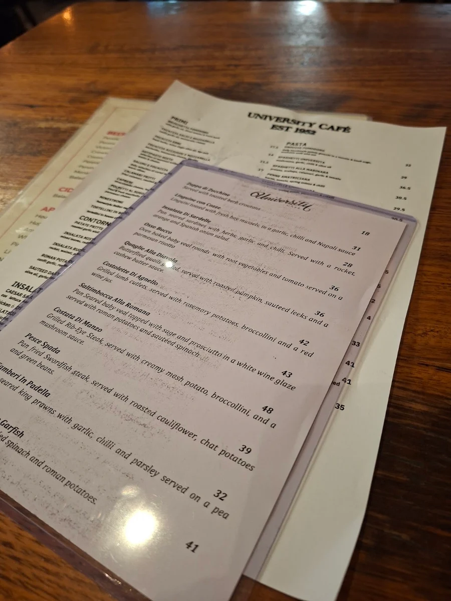 Menu, University Cafe