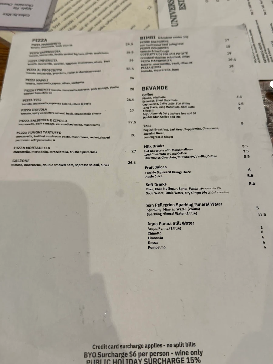 Menu, University Cafe